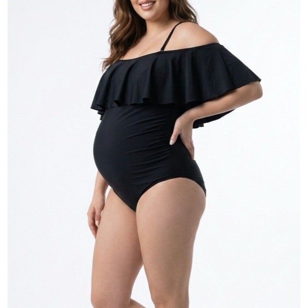 PinkBlush Maternity Off-Shoulder Ruffle One-Piece Swimsuit Black Size M NWOT